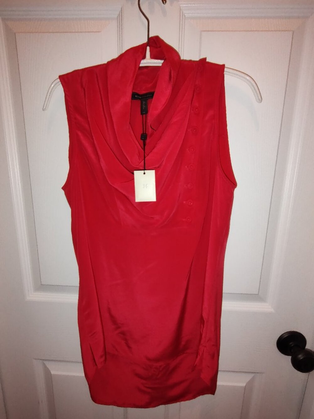 BCBGMaxAzria SILK COWL NECK TOP SLVLS ASYMMETRIC SIDE FRONT BUTTONS RIO-RED XS